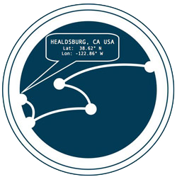 Cartograph logo with the latitude and longitude for Healdsburg, CA