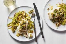 Roasted Fish with Leeks and Olive Salsa Verde