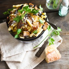 Ziti with Portobello Mushrooms, Caramelized Onions, and Goat Cheese