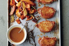 Cider-Dijon Pork Chops with Roasted Sweet Potatoes and Apples