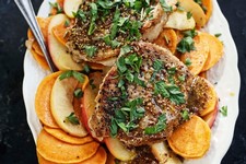 Sauteed Pork Chops with Sweet Potato, Apples, and Mustard Sauce