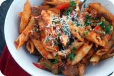 Alan's Spicy Calabrese Sausage, Bell Peppers and Onions over Penne