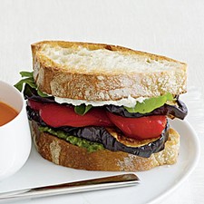 Goat Cheese with Grilled Eggplant and Roasted Pepper Sandwich on Olive Bread