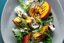 Grilled Salmon with Peach, Burrata and Arugula Salad