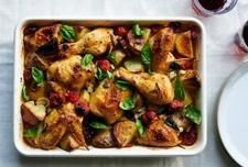 Baked Chicken with Potatoes, Cherry Tomatoes and Herbs