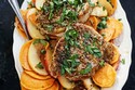 Sauteed Pork Chops with Sweet Potato, Apples, and Mustard Sauce