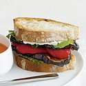 Goat Cheese with Grilled Eggplant and Roasted Pepper Sandwich on Olive Bread