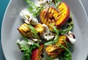 Grilled Salmon with Peach, Burrata and Arugula Salad