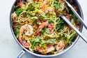 Shrimp Linguine with Herbs, Corn and Arugula